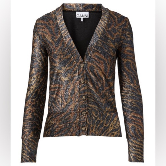 Ganni Sweaters - GANNI Tiger-Print Lurex Cardigan